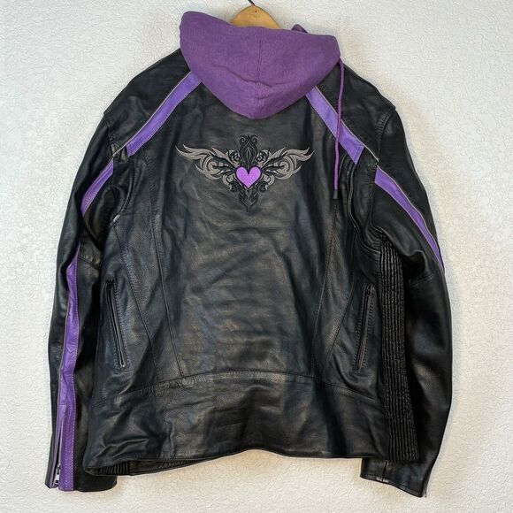 UNIK WOMENS LEATHER JACKET Cafe Moto Zip In Hoodie Purple Black Embroidered 5X - Picture 3 of 9